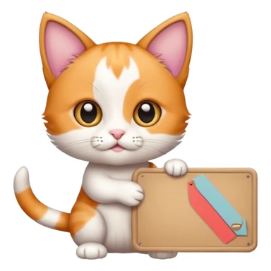 Cute cuddly calico kitten holding a large sign sticker
