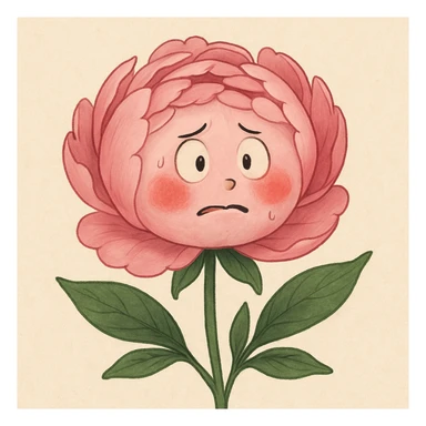 a pink peony flower with a plump body, red cheeks, nervous look sticker