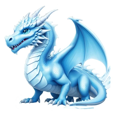 Cinematic Noble wise elegant Ice Dragon full body  Emoji, Poised and imposing, distinct long elegant snout, with a slender, scaled body shimmering in glacial hues of icy blue, frostbitten silver, and crystalline white, breathing out frost, with piercing, glowing ice blue white eyes that radiate the chilling depths of an arctic storm; rendered in detail. excuding wisdom sticker