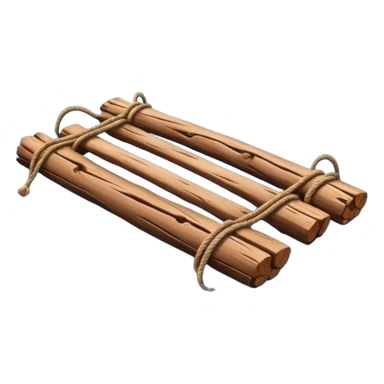 showing a simple wooden raft floating on calm blue water — made of several brown logs tied together with rope — gentle ripples around it — bright, cheerful lighting and soft shadows — minimalist, clean emoji design sticker
