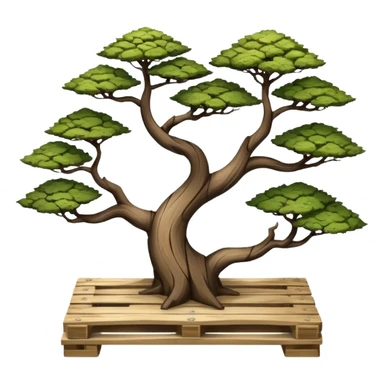 standing slanted bonsai trees on a  rack made from the wood of old oak pallets  sticker