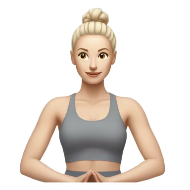 Pale skinned fit woman In a gray tight yoga suit and wristbands With ash blonde hair in a bun doing yoga sticker