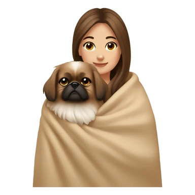 A Women with brown hair is cradling her Pekingese in a beige blanket sticker