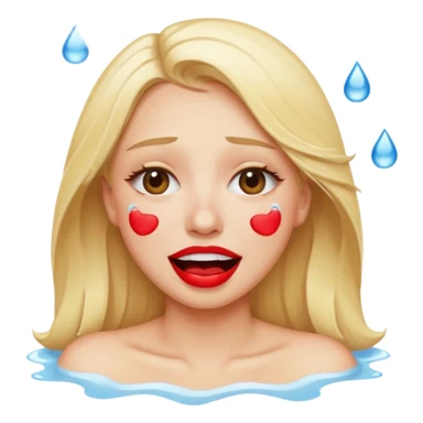blonde having crying emoji tears (water-emoji) from hard laughter. really happy in general, happy eyes. red lipstick sticker