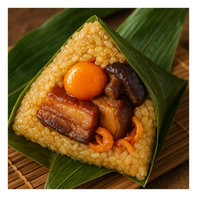 A close-up of a zongzi cut open, showing sticky rice, salted egg yolk, braised pork belly, mushroom, and dried shrimp, wrapped in green bamboo leaves, festive for Dragon Boat Festival. sticker
