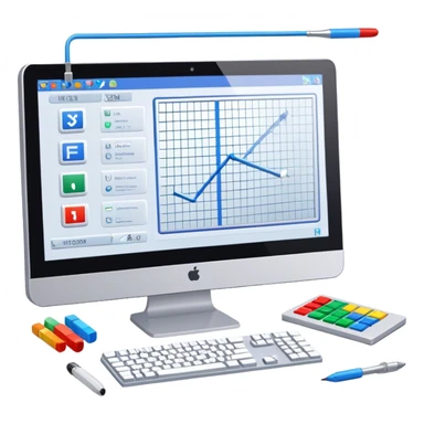 Emoji for Game Design: computer screen with Professional game development interface, 3D models, pixel art and design tools like grid, wireframe, and stylus. Symbolizes the technical and creative process of game development. Transparent background. sticker