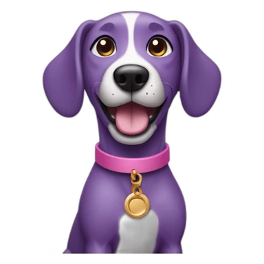 a purple dog with a brown nose and a pink collar with a bone happy  sticker