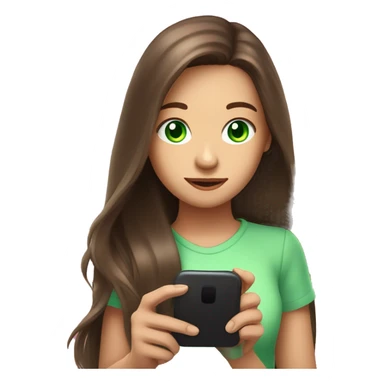 Create a brunette girl with long hair and a pink lock of hair, with green eyes, holding a phone, the light from the phone should fall on the girl sticker