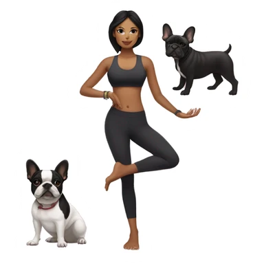 latin women with long black hair in yoga outfit standing alongside two french bulldogs  sticker
