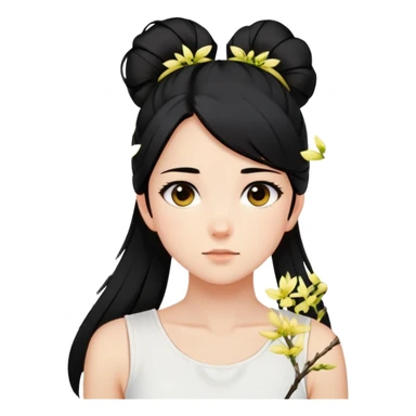 A girl with a high ponytail, a black hair tie, and a sleeveless white top, surrounded by blooming forsythias. sticker