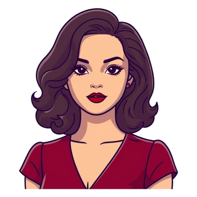 High-profile artistic woman with radiant complexion, long voluminous dark hair with soft waves, large almond eyes with bold eyeliner, defined brows, glamorous red lipstick, wearing sophisticated wine red velvet dress with V-neckline, elegant confident expression sticker