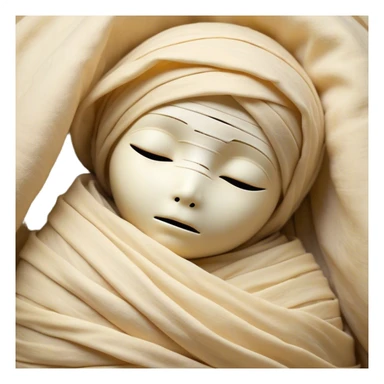 A snug, cozily wrapped mummy, fully encased in soft, slightly loose bandages, even its face gently hidden behind folds with only a tiny glimpse of sleepy eyes, nestled in warm, faded tones with gentle golden accents, simplified yet irresistibly charming, highly detailed with a soft glowing outline capturing the peaceful aura of an ancient being drifting into rest! sticker