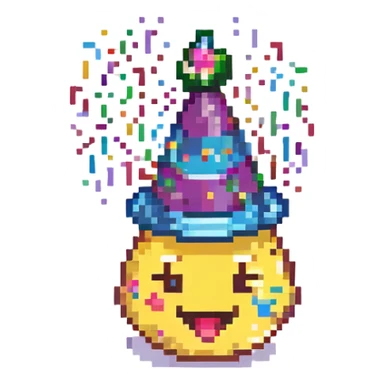 emoji celebrating with party hat, confetti, fun, pixel art style sticker