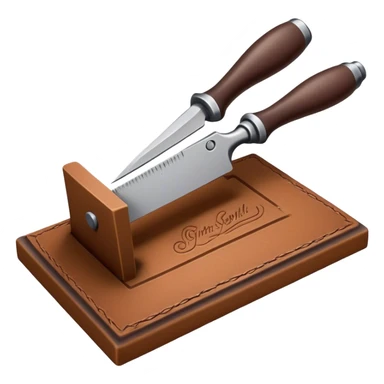 Leatherworking icon, big piece of raw leather with started engraving, engraving tool or chisel, stamp and press, textured surface, minimalistic style, clean lines, transparent background. sticker