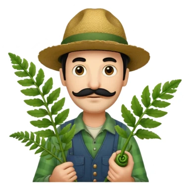 farmer emoji with a hat, black hair, moustache, and light beard, holding a single large fiddlehead fern, based on the attached reference photo sticker