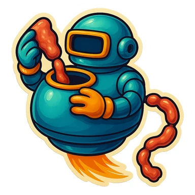 a robot that uses arms to put meat in large hole on top. sausage links come out robots rear. no legs on robot. robot hovers. robot feeds itself meat sticker