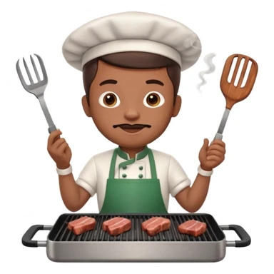 A 3D cartoon cook flipping meat on a grill with tongs, gentle smoke effect, Memoji-style lighting. sticker