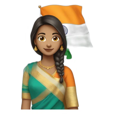 A girl wearing saare , and holding India flag ￼ sticker