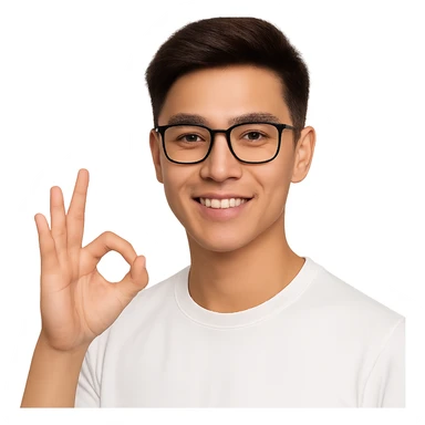 a young Asian man with cool brown short hair, wearing black framed glasses, a white top, making an OK gesture with his right hand, and smiling confidently sticker