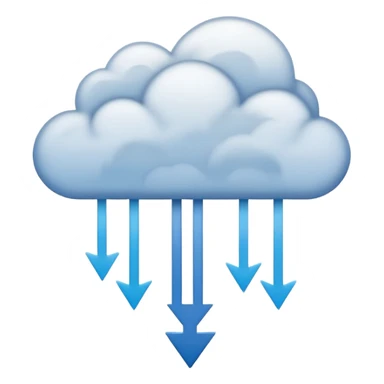 Abstract minimalist emoji showing a downward fading arrow dissolving into mist, with scattered broken lines and a heavy low-hanging cloud form above, symbolising a discipline slump and loss of structure. Muted tones, soft gradients, flat vector icon, transparent background. sticker
