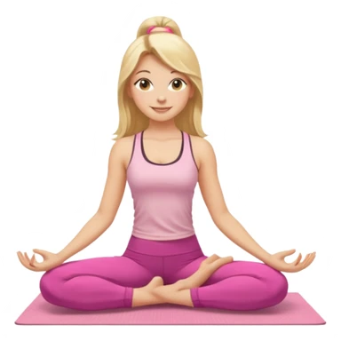 Create a young woman with long blonde hair, golden eyes, and medium-light skin tone, wearing a light pink tank top and leggings. She should be doing yoga, with a smile sticker