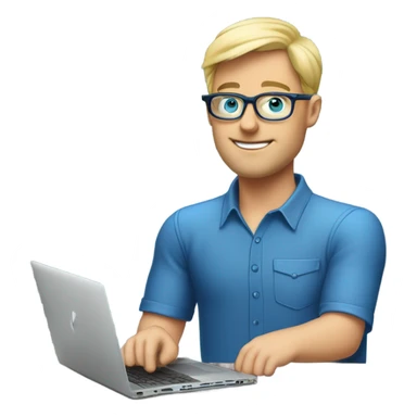 man looks 35 classes, european, tech nerd love pcb designing, blue shirt blond short hair, blue eyes with specs behind macbook on with pcb on the desk sticker