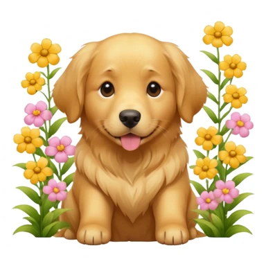 A Golden Retriever sitting in a blooming flower garden, sunlight highlighting its shiny golden fur. Gentle expression, realistic photography, warm color tones. sticker