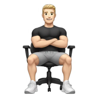 Pale skinned Fit Man With the biceps and dark brown hair in black shirt, gray sports shorts and white Sneakers Sitting on a chair sticker