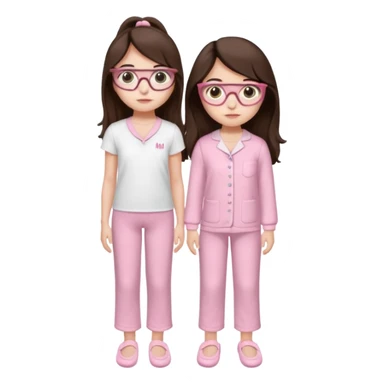 Girl age 20 years old with dark brown long hair, light skin, brown eyes, wearing a miu miu glasses the brown ones, and wearing a top in white with a pair of pyjama pants in pink and it's mocked in light pink too and a slipper in white and she looks pretty  sticker