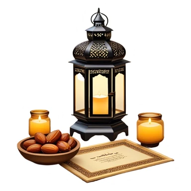A beautifully warm and inviting Ramadan-inspired setting. A glowing ornate lantern sits on a wooden table, casting intricate patterns of light. Beside it, a decorative bowl filled with dates symbolizes hospitality and tradition.  sticker