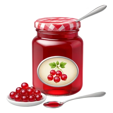 elegant glass jar of red currant jelly, vibrant ruby red glossy translucent, gingham lid, simple label no text, small spoonful of jelly beside jar, 3D rendered, minimal, soft shadows, natural lighting, vibrant color, transparent background, emoji scale sticker