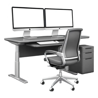 3D minimal icon of a wide height-adjustable motion desk with dual monitors and a modern ergonomic office chair, with a subtle accent in #FF3D00. Clean and high-end style. sticker