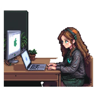 a girl sitting at a desk with a MacBook, focus on face and laptop, pixel art style sticker
