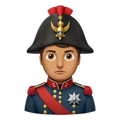 Cinematic Realistic Napoleon Bonaparte Portrait Emoji, depicted as a commanding military leader with a determined gaze and iconic bicorne hat, rendered with dramatic textures and bold historical lighting that captures his imperial legacy. sticker