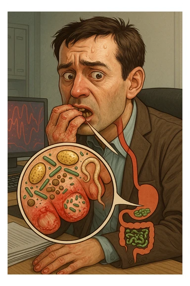Anxious man at office desk unconsciously biting fingernails, microscopic overlay showing parasitic eggs and bacteria concentrated under nail beds, worms and microorganisms being consumed with each bite, expression of nervous habit unaware of contamination, computer screen reflecting his stress while he infects himself, fingertips raw and bleeding from chronic nail-biting, invisible parasite colonies entering his digestive system sticker