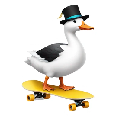 White goose wearing birthday party hat riding a black skateboard sticker