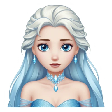 Cinematic Elegant Snow Queen Portrait Emoji, rendered in a realistic, vector-style with minimal shading and bold, simplified shapes. Depict Elsa (chest and above) with icy pale skin, long flowing platinum hair, and piercing blue eyes that exude quiet power, dressed in a shimmering ice-blue gown. The image glows with a soft, frosty radiance and high shine, capturing her ethereal, regal beauty. sticker