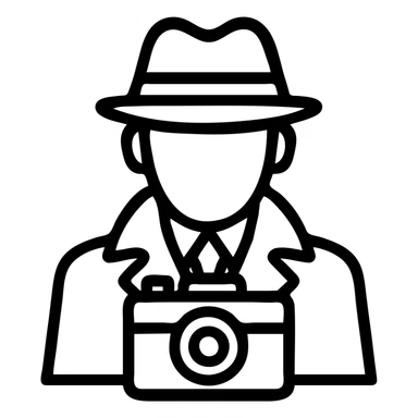 1930s private detective man with hat and camera, black outline icon sticker