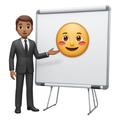 A clean emoji-style illustration of a person giving a presentation, standing next to a large presentation board on a stand, board is white and there is nothing on it, the board is oversized and clearly visible, no podium, no desk, no table, friendly proportions, soft 3D emoji style sticker