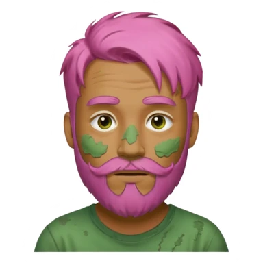 pink haired man with full full face dirty messy green clay mask and beard sticker