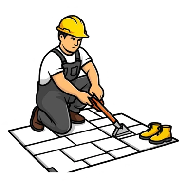 Moldovan builder laying floor tiles, construction worker with tools sticker