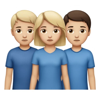  iOS emoji style.
A girl holding hands with two boys at the same time,one boy si brunette the other blonde, one on each side.
The girl has a suspicious, guilty expression, slightly turned eyes.
The boys look neutral and unaware.
 smooth gradients, rounded shape sticker