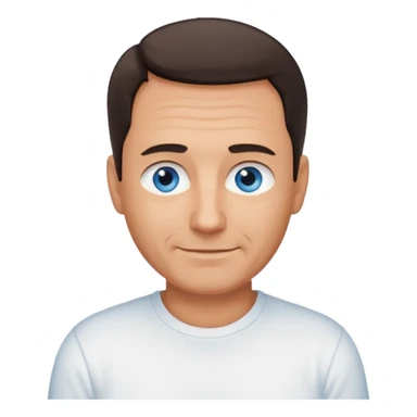 Middle aged man with tanned skin, receding dark hair and no beard, blue eyes, shy smile sticker