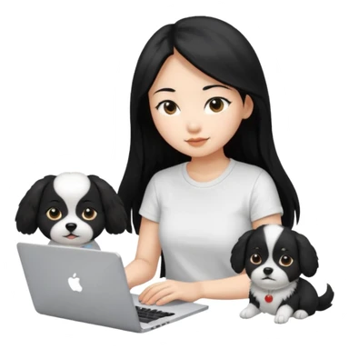 Asian girl long black hair, wearing a white t-shirt, working on an Apple laptop, next to her is a small black and white female dog sticker