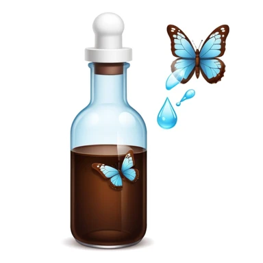 Small dark brown bottle with white cap floating next to a bright translucent butterfly-shaped thyroid icon, representing connection with metabolism and hormonal system sticker