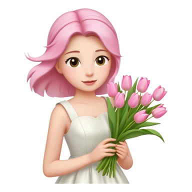  A girl with a half-up half-down hairstyle, and a white dress, enjoying the spring breeze.Holding a bundle of pink tulips sticker