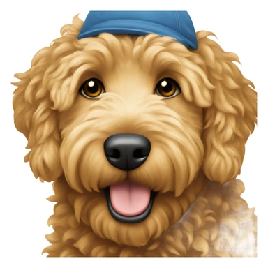 Golden doodle wearing “it’s a boy” hat sticker