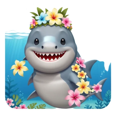 A cute chubby shark with hawaii pastel flower necklace and hawaiian flower crown, posing proudly. sticker