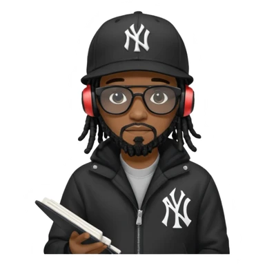 African American man with shoulder length black dreadlocks with black beard wearing black sunglasses wearing a black New York Yankees logo baseball cap wearing a black bubble winter coat wearing headphones writing a rap song in notebook sticker