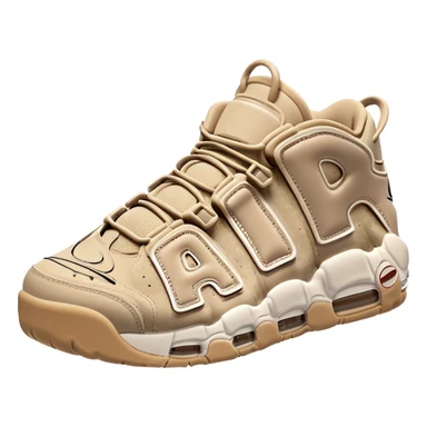 Simple clean pair of beige Nike Air More Uptempo sneakers arranged as a matching pair, minimal detailing but with distinct AIR lettering sticker